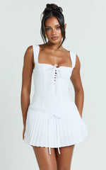 Fraida Mini Dress - Lace Front Dropped Waist Pleated Dress in White