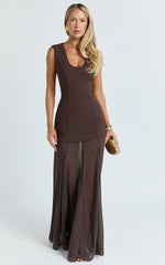 Frances Maxi Dress - Contrast U Neck Godet A Line Dress in Chocolate
