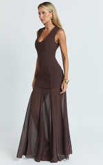 Frances Maxi Dress - Contrast U Neck Godet A Line Dress in Chocolate
