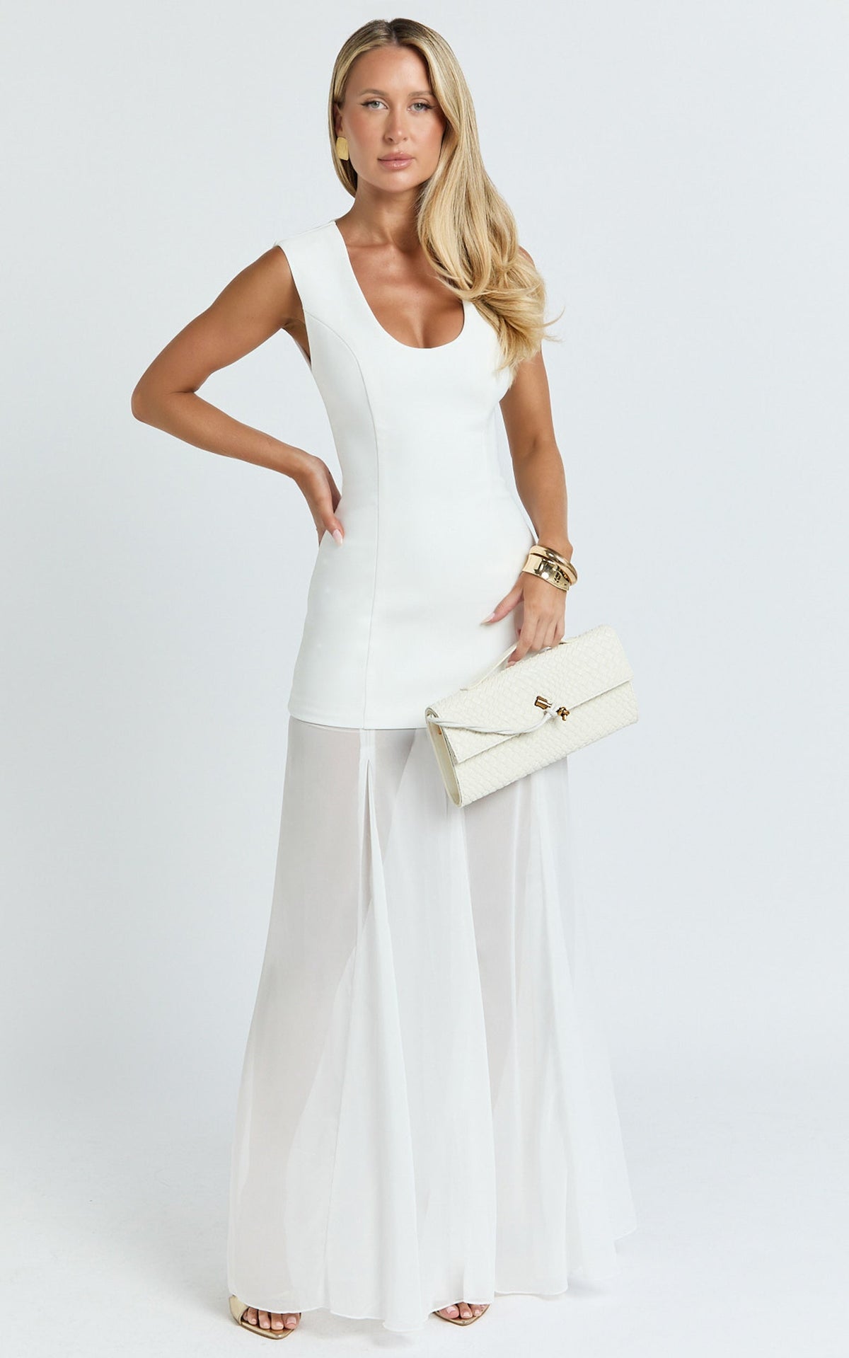 Frances Maxi Dress - Contrast U Neck Godet A Line Dress in Ivory