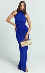 Francis Maxi Dress - Halter Ruched Backless Dress in Blue