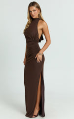 Francis Maxi Dress - Halter Ruched Backless Dress in Dark Chocolate