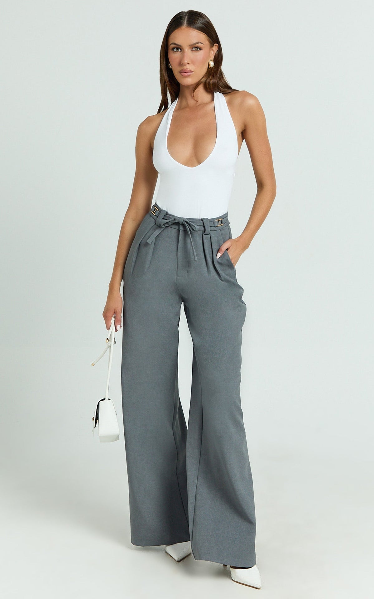 Frankie Pants - Low Rise Pleated Wide Leg Pant with Hardware Buckle in Grey