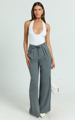 Frankie Pants - Low Rise Pleated Wide Leg Pant with Hardware Buckle in Grey