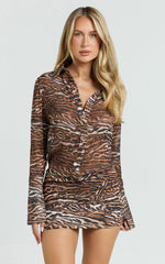 Franklin Mini Dress - Long Sleeve Concealed Placket Front Shirt Dress in Abstract Animal Print