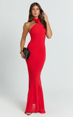 Frederica Maxi Dress - Gathered Halter Neck Godet Dress in Red