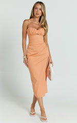 Frederica Midi Linen Blend Dress - Gathered Sweetheart Tie Back Front Split Dress in Orange