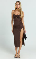 Frederica Midi Linen Blend Dress - Gathered Sweetheart Tie Back Front Split Dress in Chocolate