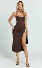 Frederica Midi Linen Blend Dress - Gathered Sweetheart Tie Back Front Split Dress in Chocolate
