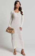 Freya Midi Dress - Scoop Neck Long Sleeve Boucle Knit Dress in Off White