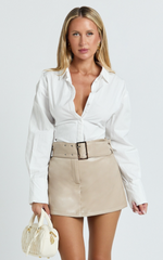 Freya Skort - Buckle Belt Faux Leather Skort in Stone