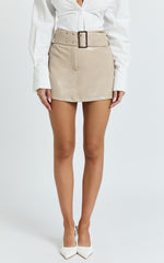 Freya Skort - Buckle Belt Faux Leather Skort in Stone