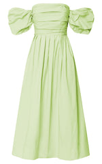 Annie Midi Dress - Off The Shoulder Ruffle Sleeve Pleated Dress in Lime