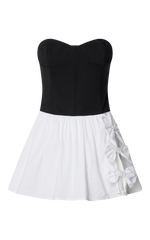 Adelita Mini Dress - Strapless Contrast Colour Bodice Gathered Poplin Skirt Dress in Black