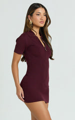 Gabriel Mini Dress - Short Sleeve Polo Knit Mini Dress in Cherry Liqueur