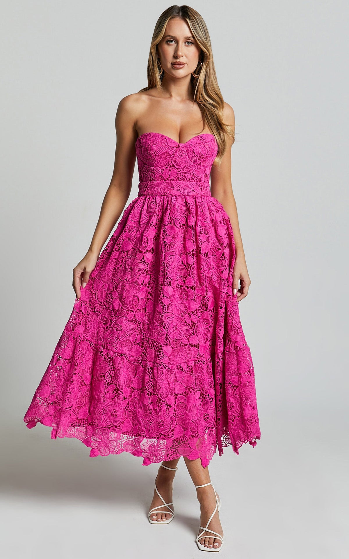 Gabriela Midi Dress - Strapless Lace Dress in Magenta