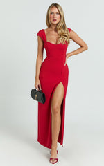Gabrielle Maxi Dress - Cap Sleeve Sweetheart Neck Bodycon Dress in Red