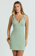 Gabrielle Mini Dress - Knot Strap Detail Mini Dress in Sage