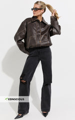 Miho Jeans - High Waisted Recycled Cotton Distressed Straight Leg Denim Jeans in Washed Black