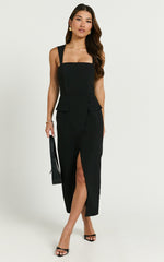 Garcia Midi Dress - Square Neck Wide Straps Fitted Wrap Skirt Dress in Black