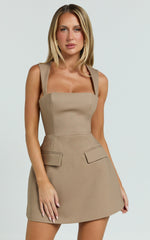 Garrett Mini Dress - Square Neck Fit And Flare Dress in Mocha