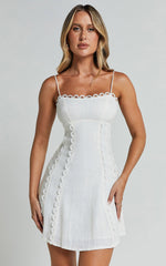 Gelli Mini Linen Blend Dress - Strappy Lace Detail Dress in White
