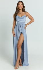 Gemalyn Maxi Dress - Cowl Neck Thigh Split Dress in Sky Blue