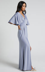Gemalyn Midi Dress - Angel Sleeve V Neck Split Dress in Sky Blue