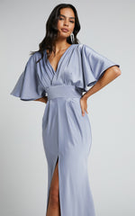 Gemalyn Midi Dress - Angel Sleeve V Neck Split Dress in Sky Blue