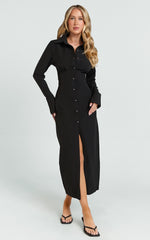 Genevieve Midi Dress - Slim Shirt Dress in Black