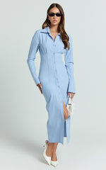 Genevieve Midi Dress - Slim Shirt Dress in Blue