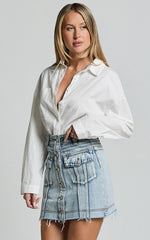 Gennlee Mini Skirt - Cotton Contrast Denim Skirt in Light Wash Blue