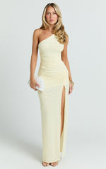 Georgia Maxi Dress - Mesh One Shoulder Ruched Bodycon Dress in Lemon