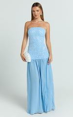 Georgina Maxi Dress - Sequin Strapless Front Split Dress in Blue