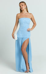 Georgina Maxi Dress - Sequin Strapless Front Split Dress in Blue