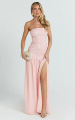 Georgina Maxi Dress - Sequin Strapless Front Split Dress in Pink