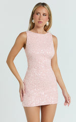 Georgina Mini Dress - Sequin Boat Neck Bodycon Dress in Pink