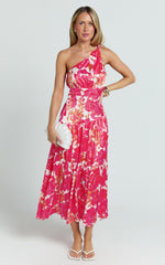 Georgine Midi Dress - One Shoulder Ruched Tiered Dress in Peony Blossom
