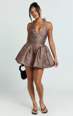 Georgine Mini Dress - Leopard Print Halter Deep V Fit And Flare Dress in Leopard Luxe