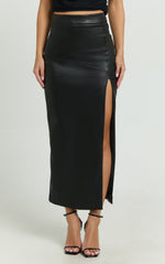 Gertrude Midi Skirt - Faux Leather High Waisted Fitted Leg Split Skirt in Black