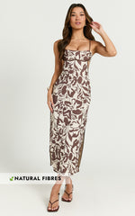 Gibson Midi Dress - Linen Scoop Neck Back Tie Dress in Tonal Stencil Floral
