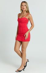 Gigi Mini Linen Blend Dress - Sweetheart Tie Back Scallop Detail Dress in Red