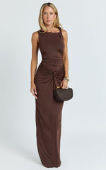 Ginny Maxi Dress - Jersey Ruched V Waist Dress in Chocolate