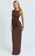 Ginny Maxi Dress - Jersey Ruched V Waist Dress in Chocolate