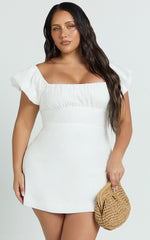 Ginny Mini Dress - Square Neck Ruched Bodice Puff Sleeve Straight Dress in White