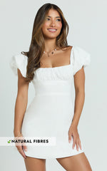 Ginny Mini Dress - Square Neck Ruched Bodice Puff Sleeve Straight Dress in White