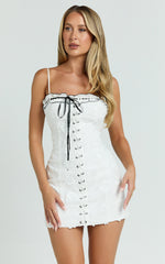 Gisele Mini Dress - Straight Neck Fitted Laced Front Dress in White