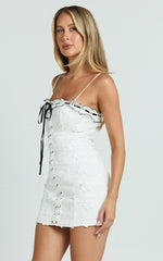 Gisele Mini Dress - Straight Neck Fitted Laced Front Dress in White