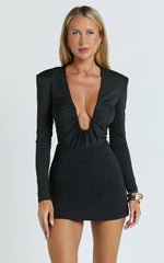 Giselle Bodysuit - Jersey Long Sleeve Deep U Gathered Neck Bodysuit in Black