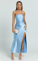 Glenda Midi Dress - Satin Strapless Side Split Dress in Blue
